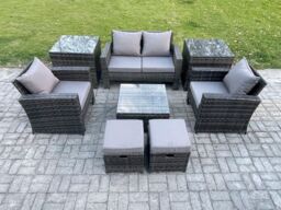 Fimous Rattan Wicker Garden Furniture Patio Conservatory Sofa Set with Square Coffee Table Armchair 2 Small Footstools in Dark Grey - thumbnail 1