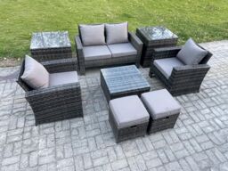 Fimous Rattan Wicker Garden Furniture Patio Conservatory Sofa Set with Square Coffee Table Armchair 2 Small Footstools in Dark Grey - thumbnail 2