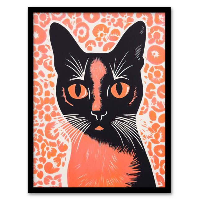 Artery8 Siamese Cat With Flowers Risograph Coral Pink & Black Screenprint Floral Artwork Riso Interior Design Art Print Framed Poster Wall Decor - image 1