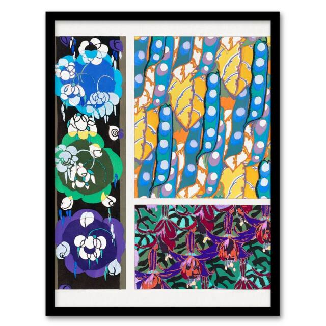 Artery8 Edouard Benedictus Framed Wall Art Colourful Floral Art Deco Patterns - Size: A4 - image 1