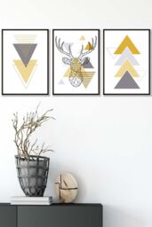 ARTZE Geometric Line Art Yellow Stag Head Triangles Framed Wall Art - Medium in Black - Size: W45 cm x H62 cm x D20mm - thumbnail 1