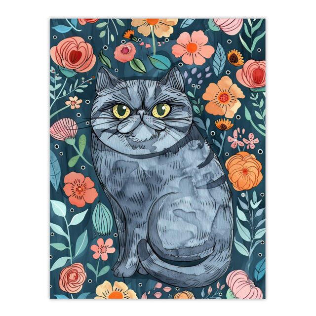 "Artery8 Grumpy Blue Exotic Shorthair Cat Floral Portrait Wall Art Print - Size: W24"" x H32""" - image 1