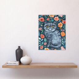"Artery8 Grumpy Blue Exotic Shorthair Cat Floral Portrait Wall Art Print - Size: W24"" x H32""" - thumbnail 4