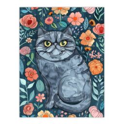"Artery8 Grumpy Blue Exotic Shorthair Cat Floral Portrait Wall Art Print - Size: W24"" x H32""" - thumbnail 1