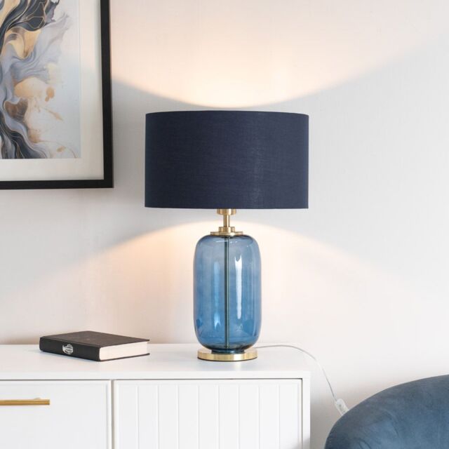 ValueLights Leigh Fabric Drum Shade with Navy Blue Glass & Gold Trim Table Lamp in Black - image 1