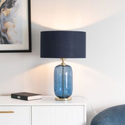 ValueLights Leigh Fabric Drum Shade with Navy Blue Glass & Gold Trim Table Lamp in Black - thumbnail 1