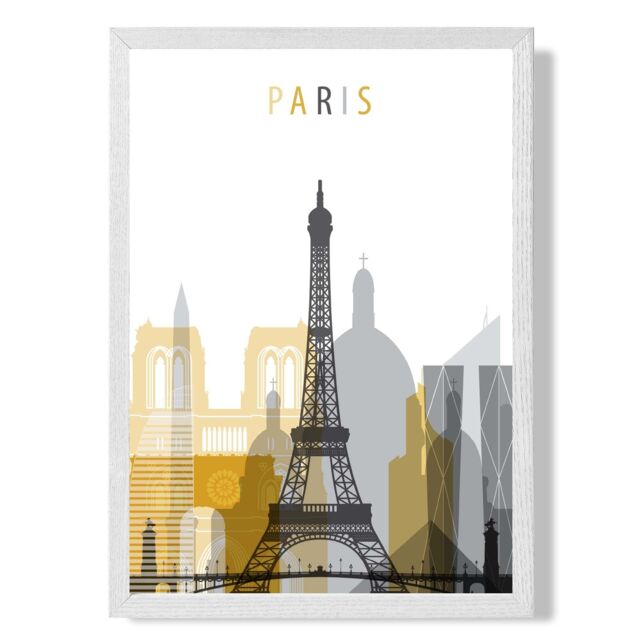 ARTZE Paris Yellow & Grey City Skyline Framed Print SIZE: A3 with White Frame - Size: A4 - image 1