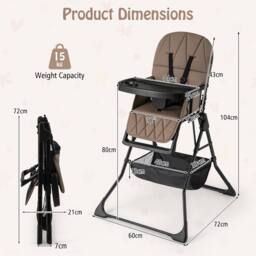 CASART Foldable High Chair Baby Highchair w/3-Level Adjustable Tray &Footrest in Dark Brown - thumbnail 3