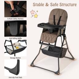 CASART Foldable High Chair Baby Highchair w/3-Level Adjustable Tray &Footrest in Dark Brown - thumbnail 8
