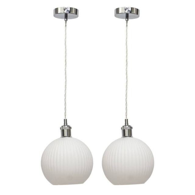 First Choice Lighting Set of 2 Betchley - White Ribbed Glass Globe Chrome Retro Pendants - image 1