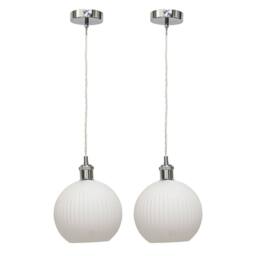 First Choice Lighting Set of 2 Betchley - White Ribbed Glass Globe Chrome Retro Pendants