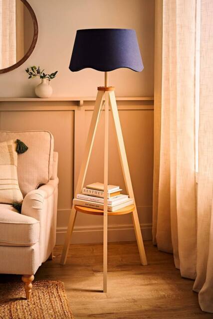 ValueLights Morrigan Painted Cream Tripod Floor Lamp with Scalloped Shade & Bulb in Navy - image 1