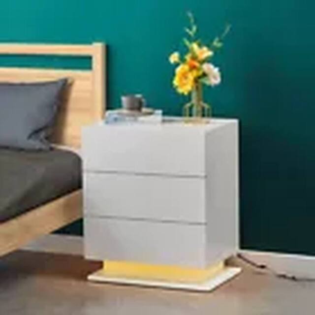 EONLION Bedside Table Cabinets Nightstand LED Light Chest of 3 Drawers in White - image 1