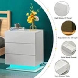EONLION Bedside Table Cabinets Nightstand LED Light Chest of 3 Drawers in White - thumbnail 2