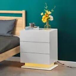 EONLION Bedside Table Cabinets Nightstand LED Light Chest of 3 Drawers in White - thumbnail 1
