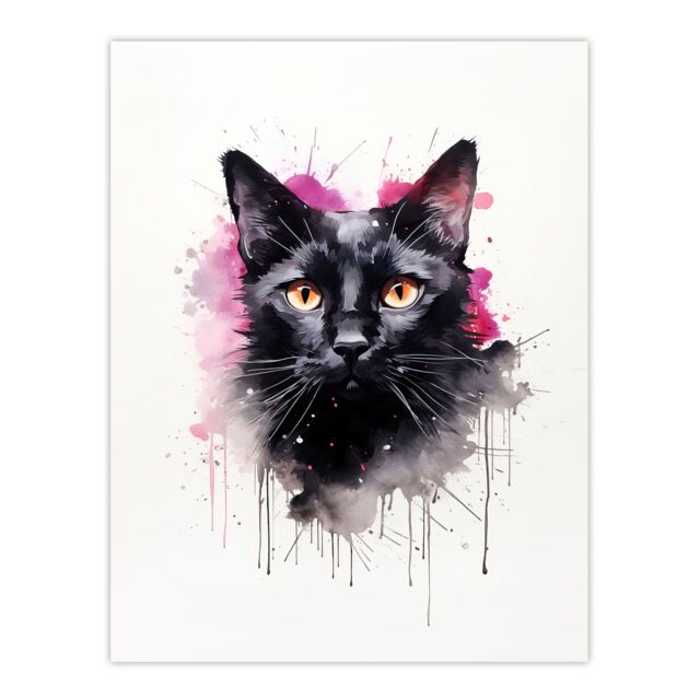"Artery8 Wall Art Print Black Cat Lovers Gift Watercolour Pet Portrait Painting Artwork Poster - Size: W12"" x H16""" - image 1