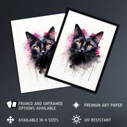 "Artery8 Wall Art Print Black Cat Lovers Gift Watercolour Pet Portrait Painting Artwork Poster - Size: W12"" x H16""" - thumbnail 2