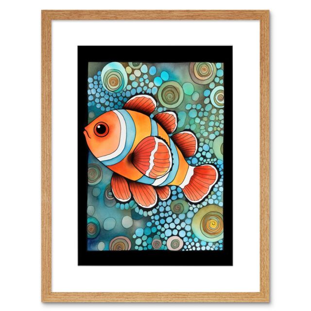 "Artery8 Wall Art Print Clownfish In Coral Patterns Folk Art Watercolour Painting Artwork Framed 9X7 Inch in Beige - Size: W7"" x H9""" - image 1