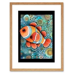 "Artery8 Wall Art Print Clownfish In Coral Patterns Folk Art Watercolour Painting Artwork Framed 9X7 Inch in Beige - Size: W7"" x H9""" - thumbnail 1
