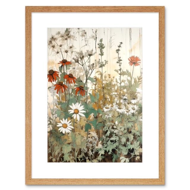 "Artery8 Wall Art Print Wildflowers Vintage Watercolour Painting Red White Daisy Flowers Spring Field Artwork Framed 9X7 Inch - Size: W7"" x H9""" - image 1