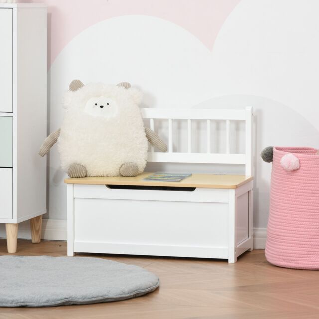 HOMCOM 2 In 1 Wooden Toy Box, Seat Bench Storage Chest w/ Pneumatic Rod in White - image 1