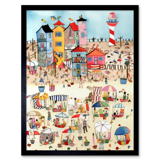 "Artery8 Wall Art Print Day At The Seaside Abstract Folk Art Framed in Black - Size: W12"" x H16""" - image 1