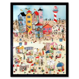 "Artery8 Wall Art Print Day At The Seaside Abstract Folk Art Framed in Black - Size: W12"" x H16""" - thumbnail 1