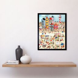 "Artery8 Wall Art Print Day At The Seaside Abstract Folk Art Framed in Black - Size: W12"" x H16""" - thumbnail 2