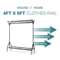 House of Home Clothing Rail Heavy Duty Hanging Clothes Shoe Hat Rack Shelves With Wheels 4ft x 5ft in Black - thumbnail 6