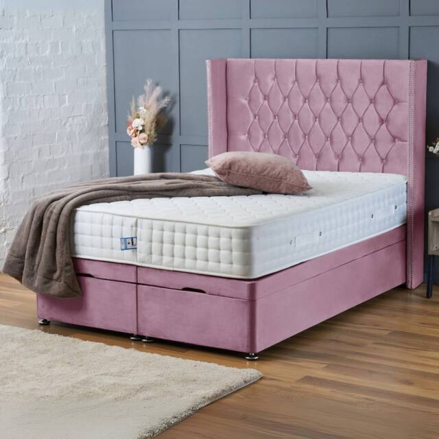"BSSPOKE Olivia Ottoman Divan Bed Plush Velvet 54"" Headboard & No Mattress in Pink - Size: King" - image 1