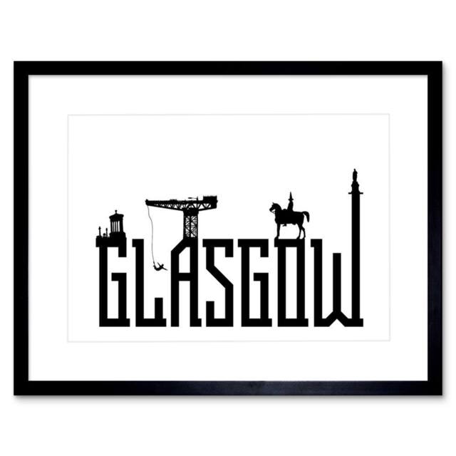 "Wee Blue Coo Glasgow City Scotland Landmarks Silhouettes 12x16"" Framed Art Print in White - Size: W12"" x H16""" - image 1