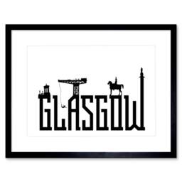 "Wee Blue Coo Glasgow City Scotland Landmarks Silhouettes 12x16"" Framed Art Print in White - Size: W12"" x H16""" - thumbnail 1
