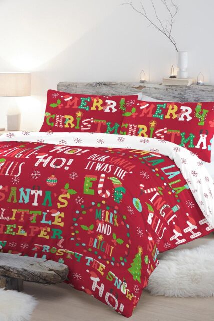 Fusion 'Santa's Little Helper' Text Crazy Festive Print Duvet Cover Set in Red - Size: Single - image 1