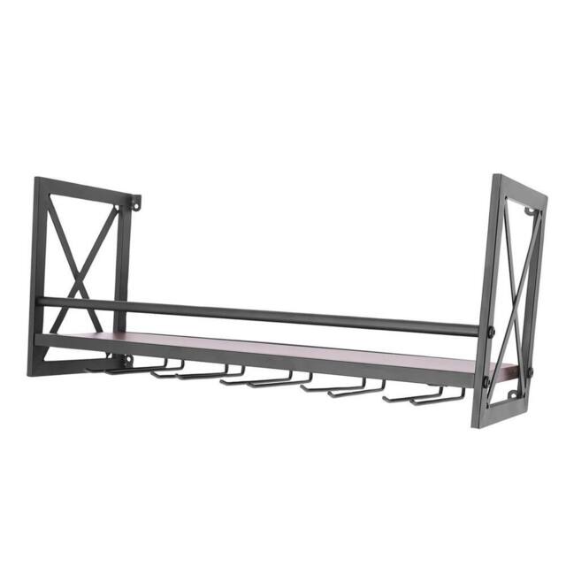 Kelvenix Wine Rack Gin Shelf Rack Bottle 5 Glass Holder Wall Mounted in Black - Size: 0.6m2 - image 1