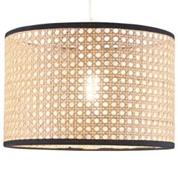 Happy Homewares Natural Wicker Rattan Drum Shaped Pendant Lamp Shade with Black Cotton Trims in Brown - thumbnail 2