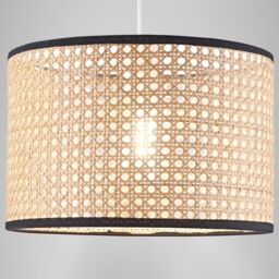 Happy Homewares Natural Wicker Rattan Drum Shaped Pendant Lamp Shade with Black Cotton Trims in Brown - thumbnail 8