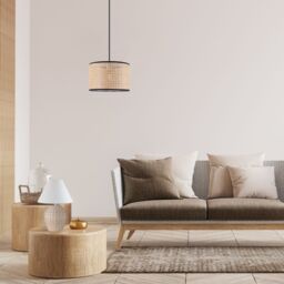 Happy Homewares Natural Wicker Rattan Drum Shaped Pendant Lamp Shade with Black Cotton Trims in Brown - thumbnail 7