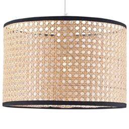 Happy Homewares Natural Wicker Rattan Drum Shaped Pendant Lamp Shade with Black Cotton Trims in Brown - thumbnail 1