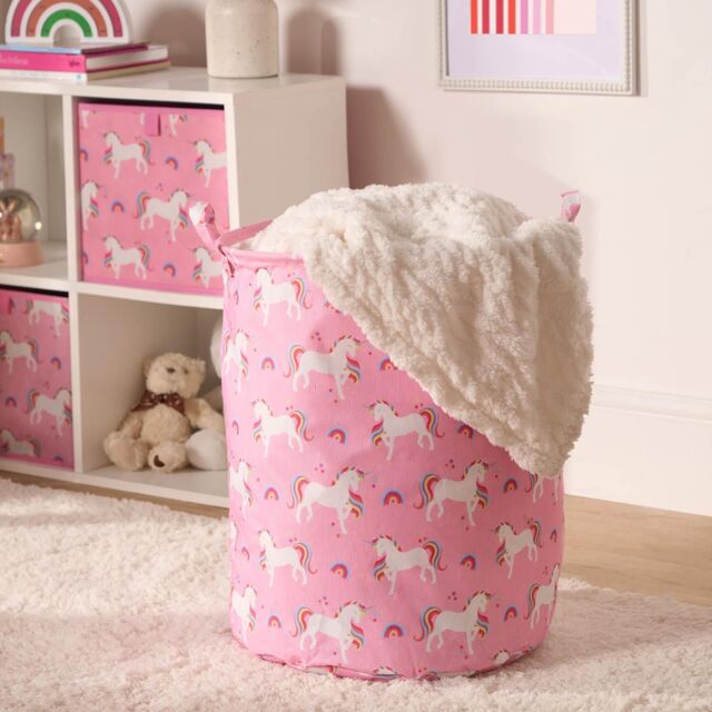 OHS Kids Laundry Basket Clothes Shoe Storage Toy Organiser Pop Up, Unicorn - Pink - image 1