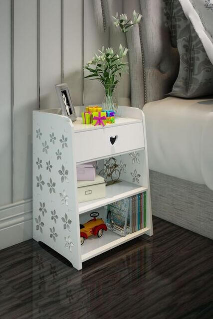 Living and Home 4-tier Hollow Carved Flower Pattern Wooden Side Table Nightstand with Drawer for Bedroom White - image 1