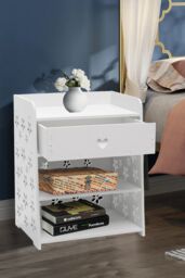 Living and Home 4-tier Hollow Carved Flower Pattern Wooden Side Table Nightstand with Drawer for Bedroom White - thumbnail 5