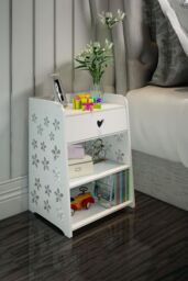 Living and Home 4-tier Hollow Carved Flower Pattern Wooden Side Table Nightstand with Drawer for Bedroom White - thumbnail 1