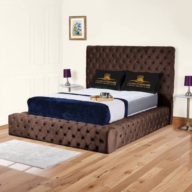 UK Bed Furniture Ambassador Upholstered Bed Frame with 54-inch Headboard - Slatted Base in Brown - Size: Double - image 1