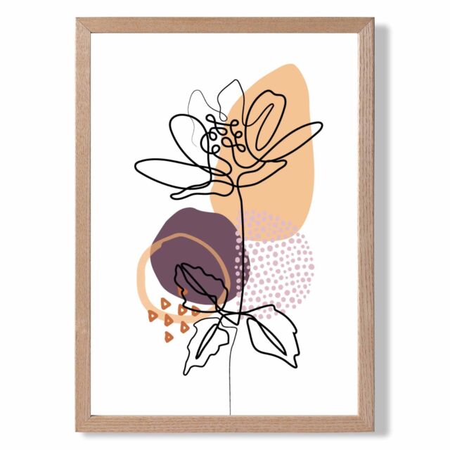 ARTZE Peony Floral Line Art with Boho Purple & Orange Shapes Framed Print SIZE: A2 with Oak Frame in Mid Blue - Size: A4 - image 1