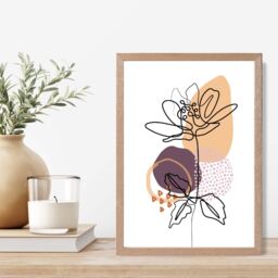 ARTZE Peony Floral Line Art with Boho Purple & Orange Shapes Framed Print SIZE: A2 with Oak Frame in Mid Blue - Size: A4 - thumbnail 2
