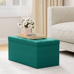 MCC Direct 76cm Rectangular Ottoman Foldable Storage Bench Upholstered Foot Rest in Green - thumbnail 2