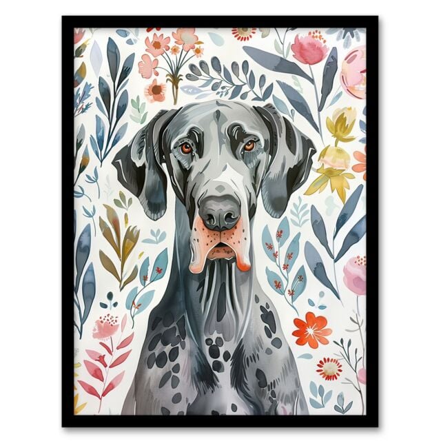 "Artery8 Elegant Great Dane Dog Lover Floral Pet Portrait Framed Wall Art - Size: W12"" x H16""" - image 1