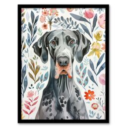 "Artery8 Elegant Great Dane Dog Lover Floral Pet Portrait Framed Wall Art - Size: W12"" x H16""" - thumbnail 1