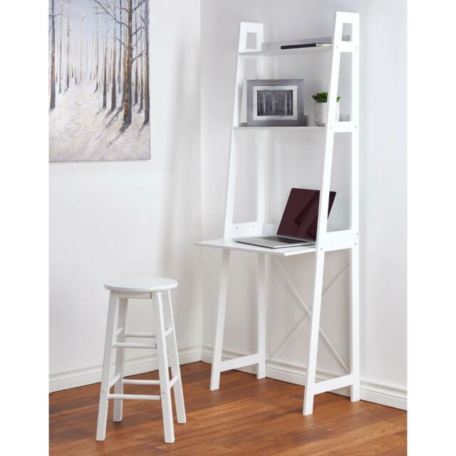 EONLION White Wooden Ladder Desk Computer Table With 2 Shelves Office Storage - image 1