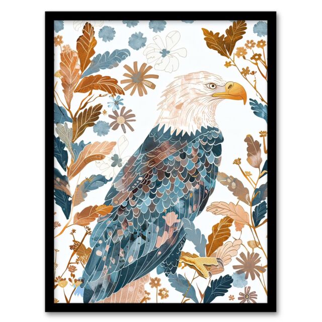"Artery8 Bald Eagle on Autumn Tree Watercolour Folk Art Framed Wall Art - Size: W12"" x H16""" - image 1